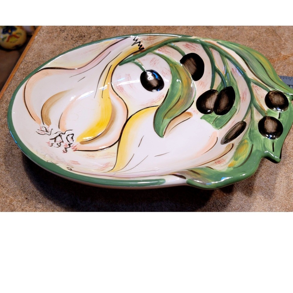 CA Olives & Garlic Ceramic Serving Bowl Embossed Hand Painted Oval Dish 9.5 inch